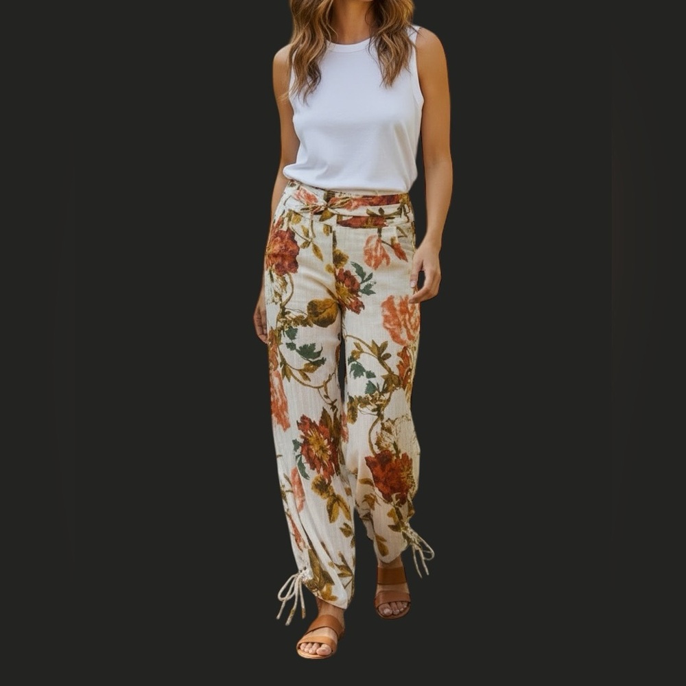 Gauze Palazzo Pants | Floral Print Wide-Leg Boho Pants Resortwear NWT M - Picture 13 of 13